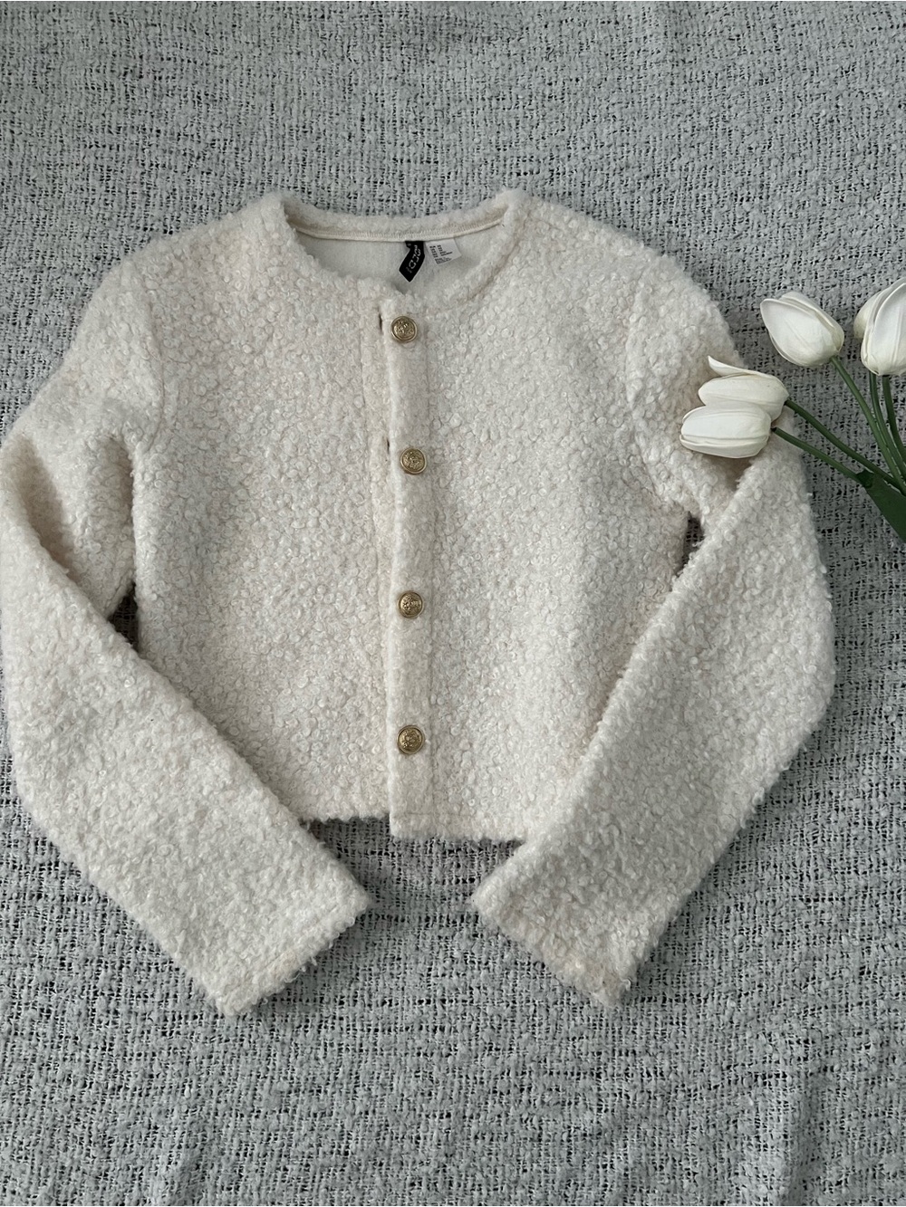 H&M Cream Bouclé Button-Front Cardigan